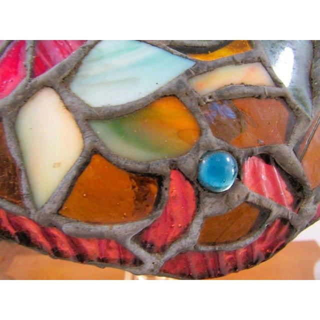 Vintage Tiffany Style Stained Glass Roses Poppies Cabochons Bell Lampshade For Sale - Image 9 of 18