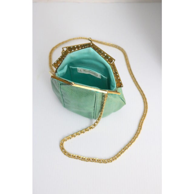 Metal 1930 Art Deco Gold Plate Frame Snakeskin Evening Bag with Turquoise Beads For Sale - Image 7 of 8