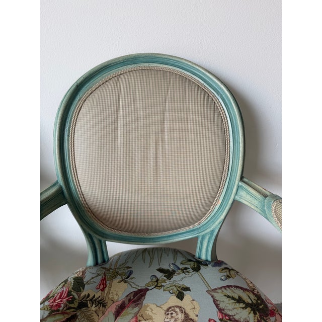 Aqua 1970’s Vintage Palm Beach Louis XVI–Style Oval Back Arm Accent / Dining Chairs – A Pair For Sale - Image 8 of 12