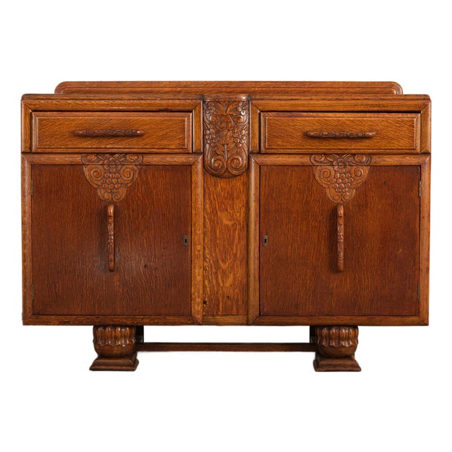 Vintage Art Deco Carved Oak Buffet Sideboard For Sale