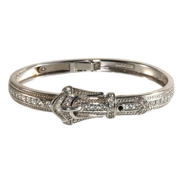 Vintage Sterling Silver Buckle Hinged Bangle Bracelet W/ Cubic Zirconia For Sale
