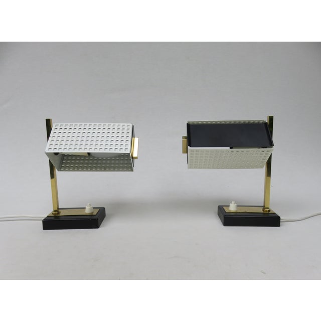 Mid-Century Modern Small Mid-Century Brass, Black & White Bedside Table Lamps, 1950s, Set of 2 For Sale - Image 3 of 18