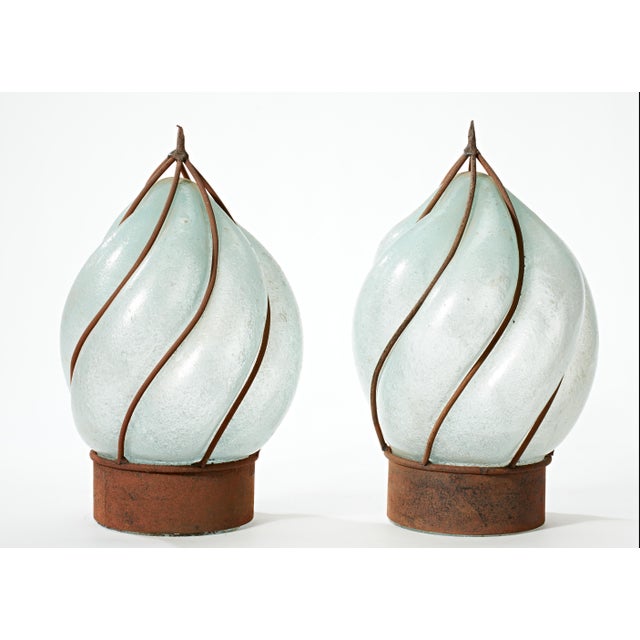 Vintage Wrought Iron and Hand Blown Glass Lamp Shades/Globes - a Pair For Sale - Image 4 of 7