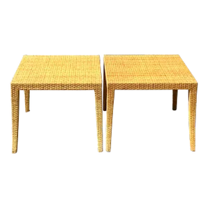 Vintage Coastal Milling Road Woven Rattan Side Tables - a Pair