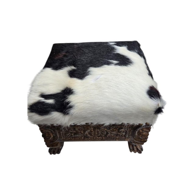 Early 21st Century Oriental Carved Footstool With Cow Leather. For Sale - Image 5 of 11