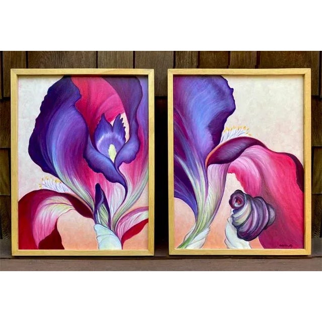 Purple Set of 2 Original Floral Oil Paintings, Cropped Iris Diptych by Kathleen Ney For Sale - Image 8 of 10