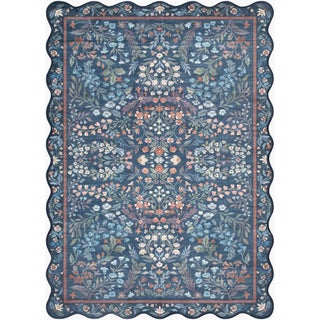 Navy Washable Folk Floral Rug with Scalloped Edge, 4x6 For Sale