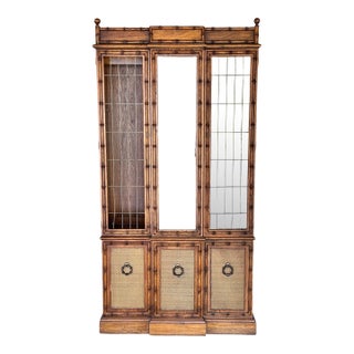 Vintage Coastal Faux Bamboo China Display Curio Cabinet Rattan Wood Glass For Sale