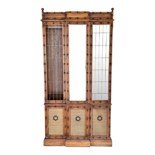 Vintage Coastal Faux Bamboo China Display Curio Cabinet Rattan Wood Glass For Sale