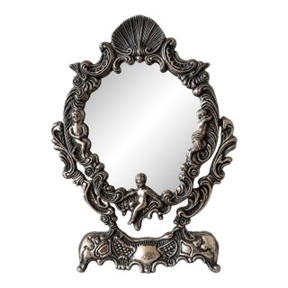 Antique Silverplate Cherub Vanity Mirror With Shell Crest For Sale