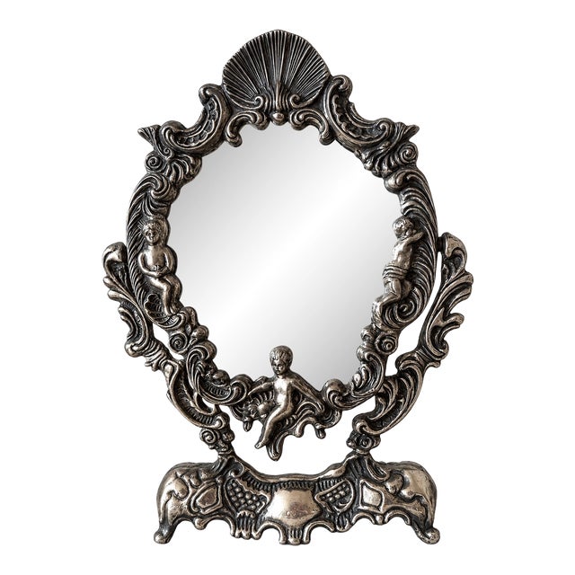 Antique Silverplate Cherub Vanity Mirror With Shell Crest For Sale