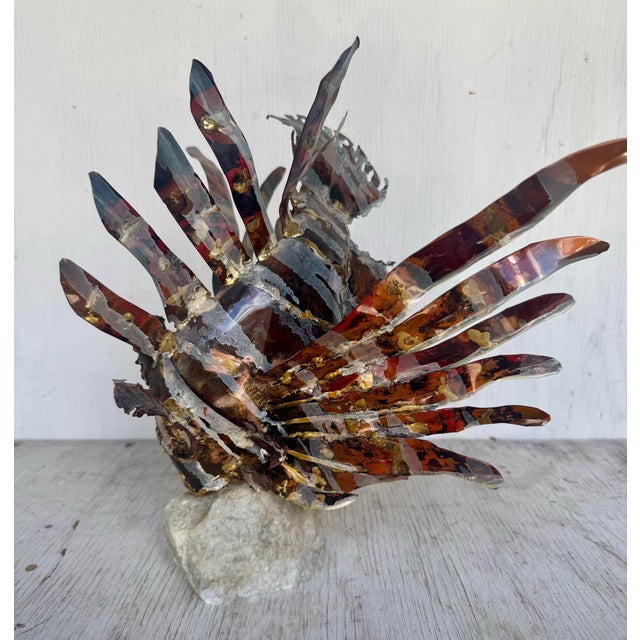 Vintage Modern Enamel on Copper Mounted on Quartz Base Tropical Lion Fish Sculpture For Sale - Image 4 of 11