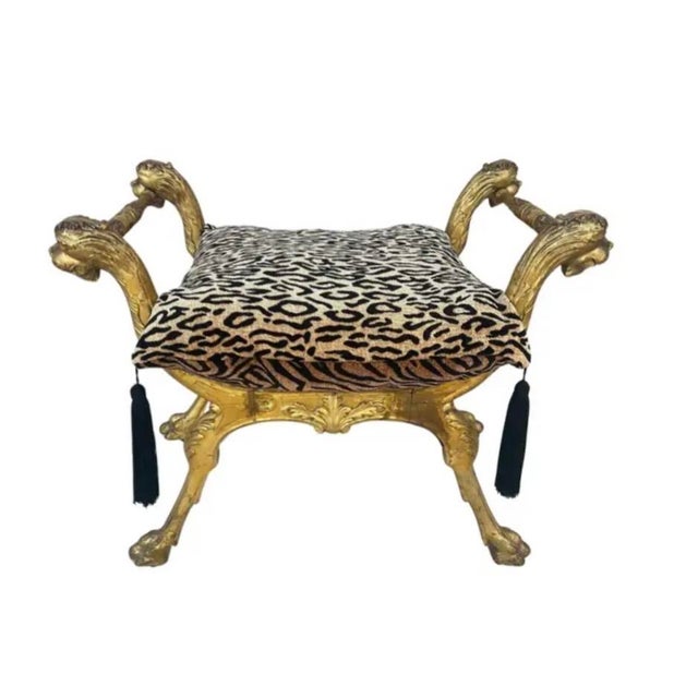 Wood Italian Giltwood Curule Stool With Leopard Print Cushion For Sale - Image 7 of 9