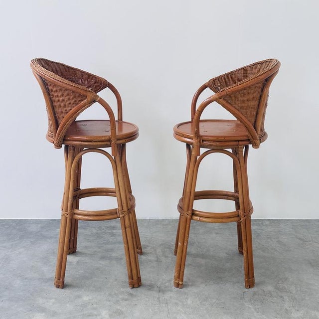 Swivel Rattan Bar Stools, France, 1970s, Set of 2 For Sale - Image 10 of 13