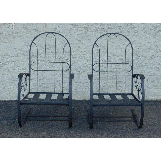 Quality Pair Vintage Black Wrought Iron Spring Base Garden Lounge