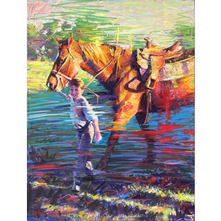 Good Morning by Jeff Slemons | Soft Pastel on Sanded Paper Boy walking with a horse in a reflective water setting. For Sale