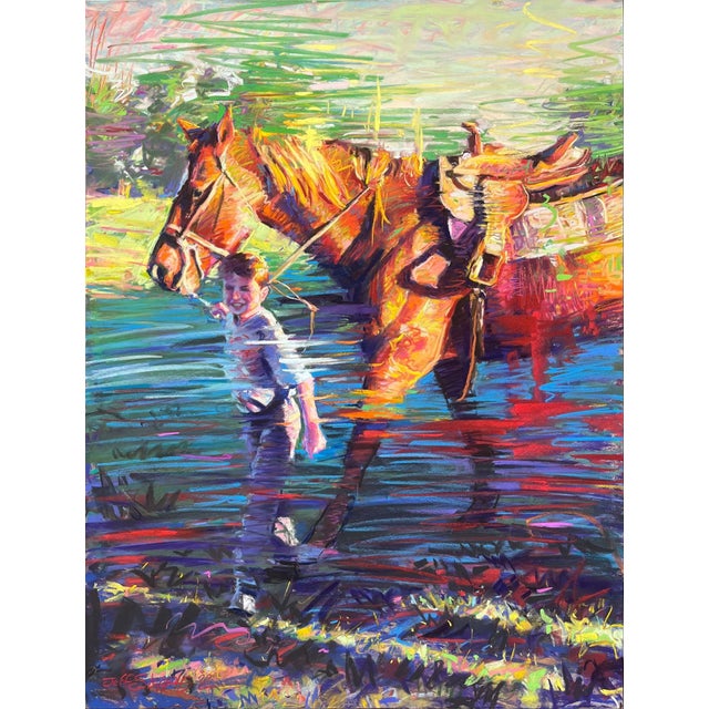 Good Morning by Jeff Slemons | Soft Pastel on Sanded Paper Boy walking with a horse in a reflective water setting. For Sale