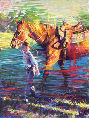 Good Morning by Jeff Slemons | Soft Pastel on Sanded Paper Boy walking with a horse in a reflective water setting.