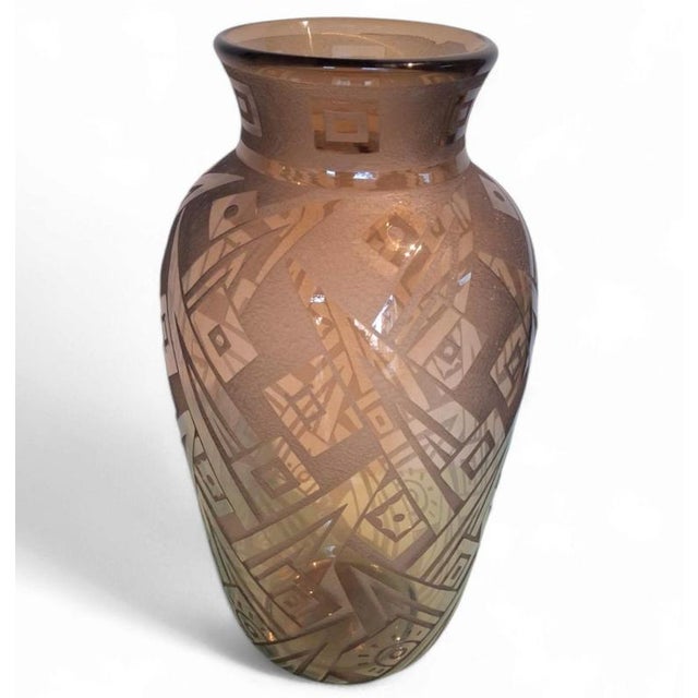 Art Deco Vase in Acid Etched Smoked Geometric Glass from Daum Nancy, France For Sale - Image 5 of 6