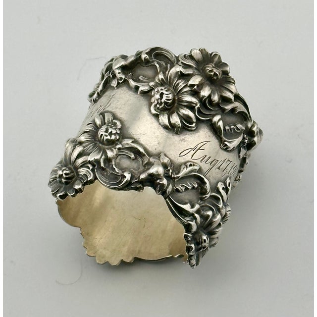 Art Nouveau Outstanding Large Antique Fancy Art Nouveau Flower Design Sterling Silver Napkin Ring Dated 1903 For Sale - Image 3 of 18