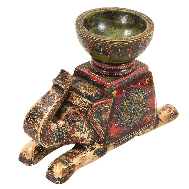 Far Pavilions Hand Painted Elephant Candle Holder| Indian Boho Tabletop Statue & Candle Stand | Unique Eclectic Royal Trinket Dish Gift | Statuette Bowl For Sale - Image 4 of 6