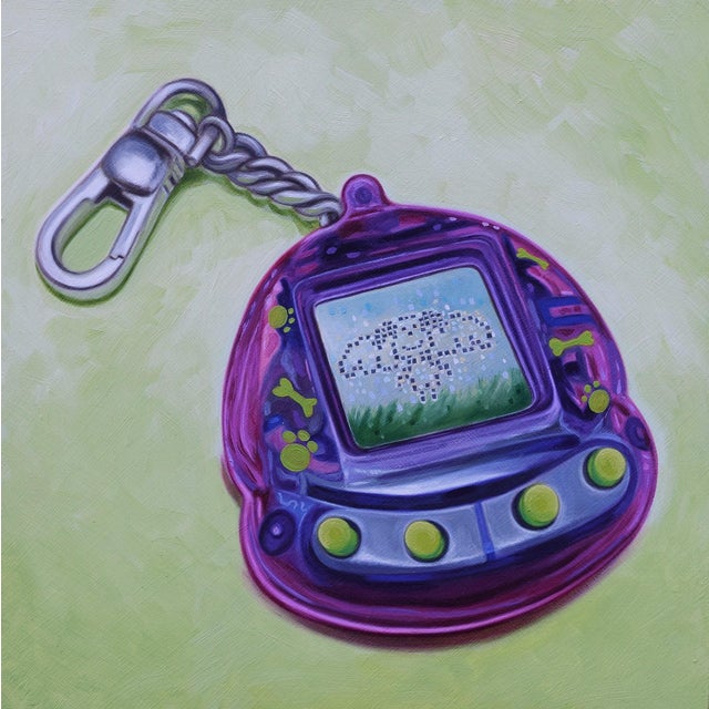 All Dogs by Rachel Linnemeier | Oil on panel Painting of a purple dog-themed electronic pet toy For Sale
