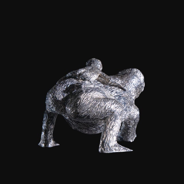 Patrick Mavros Solid Sterling Silver Silverback Gorilla With Baby Sculpture For Sale - Image 4 of 9