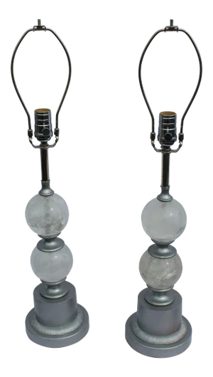 Deco Bronze Spools Hardware Silver Painted Finish Rock Crystal Lamps - a Pair