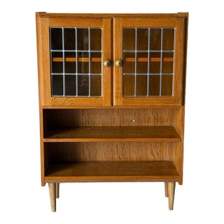 Oak Glass Cabinet With Leaded Doors Danish Mid-Century Modern 1960s For Sale