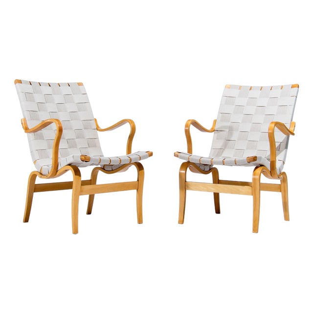 Set of Eva Armchairs in Birch and Linen by Bruno Mathsson for Dux, 1960s For Sale