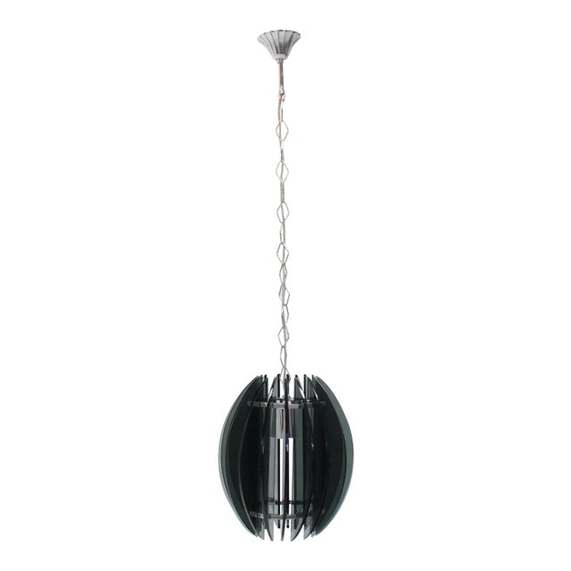 Hi quality smoked glass Italian Mid-Century Modern pendant light fixture chandelier. The actual pendant height is 12 inches.