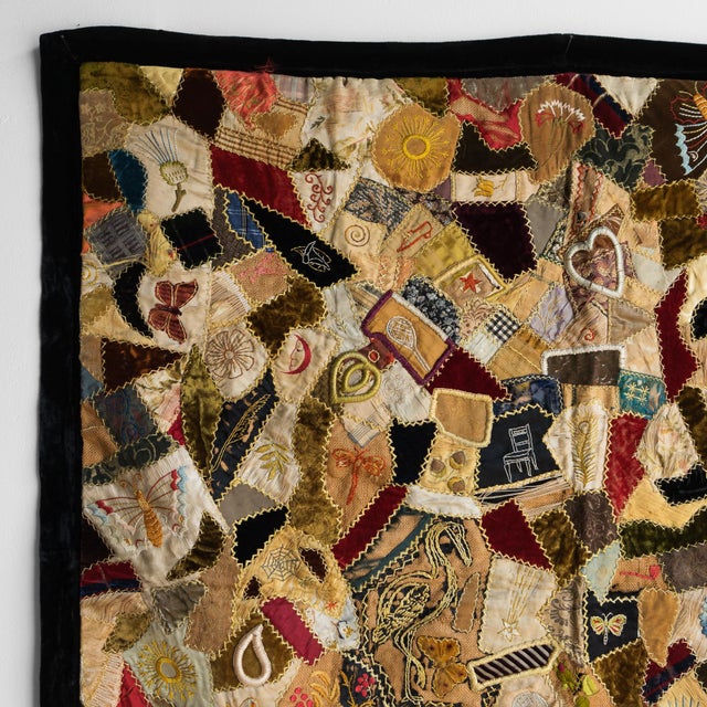 Antique Victorian Crazy Quilt, Hand Embroidered Silk and Velvet Patchwork Quilt, 19th Century For Sale - Image 15 of 18