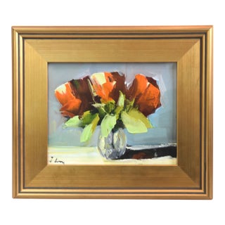 Red Bouquet of Flowers Oil Painting Including the Antiqued Gold Wood Frame For Sale