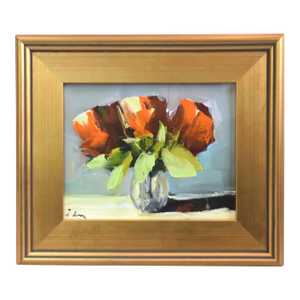 Red Bouquet of Flowers Oil Painting Including the Antiqued Gold Wood Frame