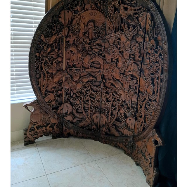 1930s Chinese Ornate Large Round Carved Teak Wood Equestrian Screen Divider For Sale In Orlando - Image 6 of 18
