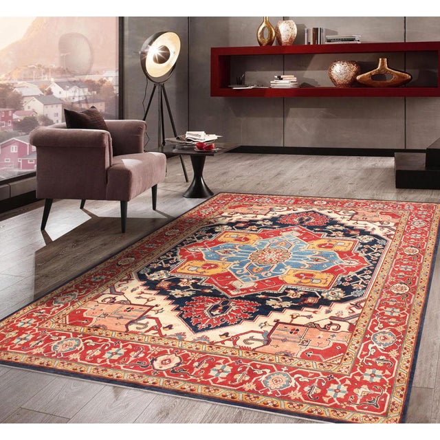 Red Pasargad Home Serapi Navy/Red Wool Area Rug- 8' 1'' X 9' 8'' For Sale - Image 8 of 8