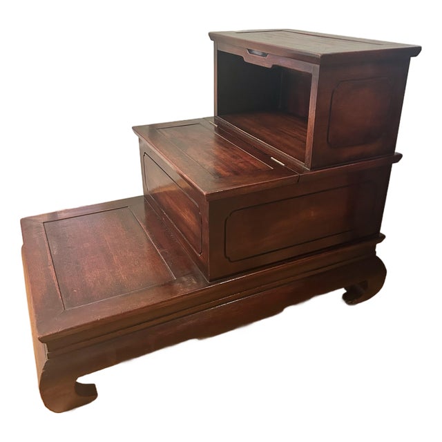 Vintage 1940s Hollywood Regency Ming Style Mahogany Step Chest / Chinoiserie Library/Commode Stairs For Sale