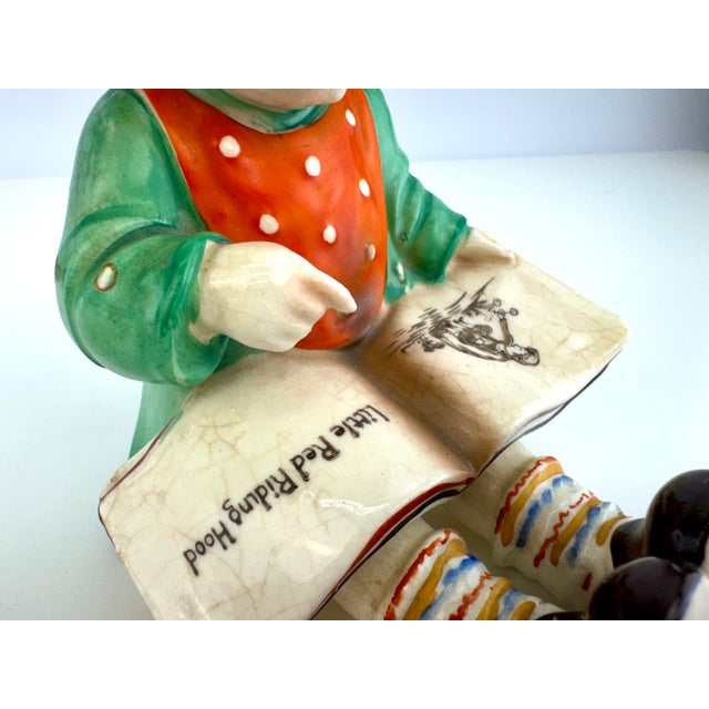 Ceramic 1950s Japanese Ceramic Boy Musician & Little Red Riding Hood Girl Figurines, a Pair For Sale - Image 7 of 14