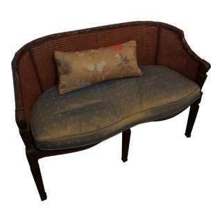 Vintage Carved Cane Back Settee With Upholstered Silk Cushion and Embroidered Pillow For Sale