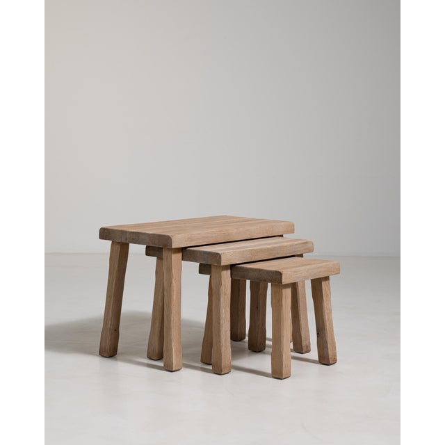 1970s Set of Three Oak Brutalist Nesting Tables, Antique, France, Circa 1970 For Sale - Image 5 of 13