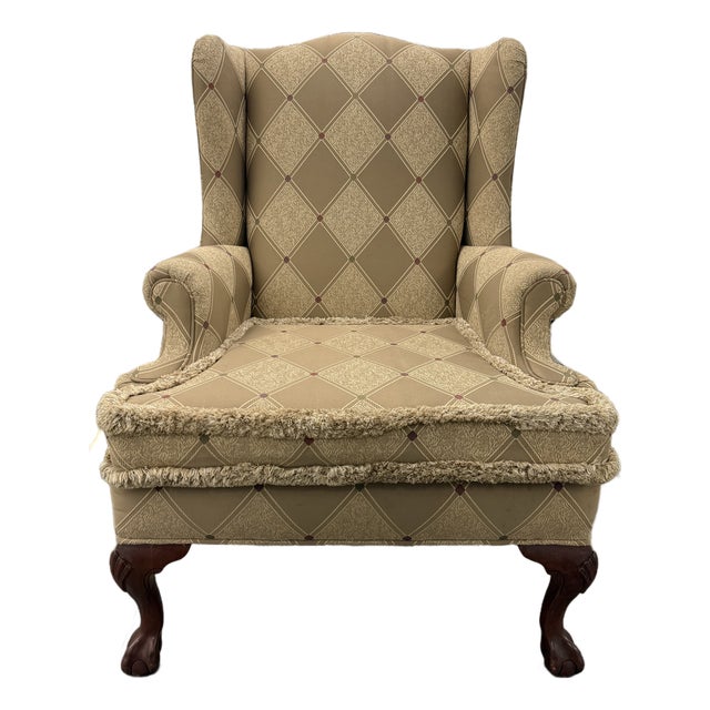 1990s Ethan Allen Wingback Accent Chair With Fringe Trim – Traditional Upholstery For Sale