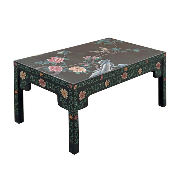 1970s 1970s Chinese Black Lacquer Flower Birds Graphic Rectangular Low Coffee Table For Sale - Image 5 of 13