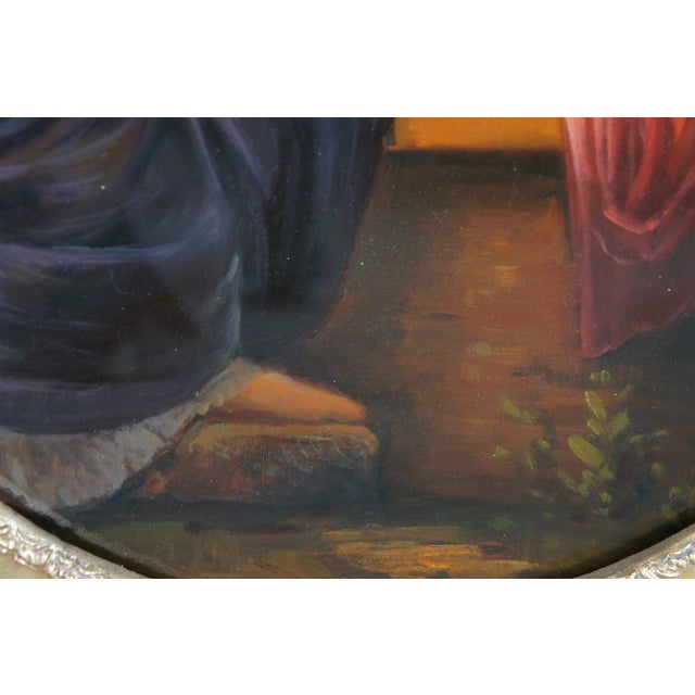 Wood Mid 20th Century At the Fountain Cupid Angel of Love Oval Oil Painting After Henri Pierre Picou For Sale - Image 7 of 12