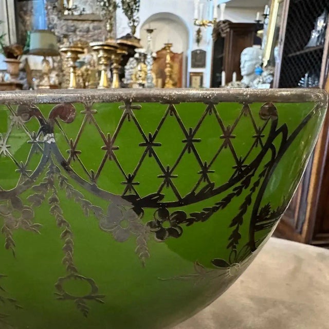 1940s Art Deco Green Ceramic and Silver Oval Italian Centerpiece For Sale - Image 4 of 9