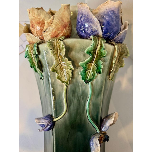 Impressive Statement! Antique Art Deco Faience Majolica Vase Decorated With Sculpted Delicate Flowers For Sale - Image 10 of 16