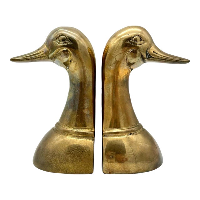 Mid-20th Century Patinated Brass Mallard Duck Bookends- Set of 2 For Sale