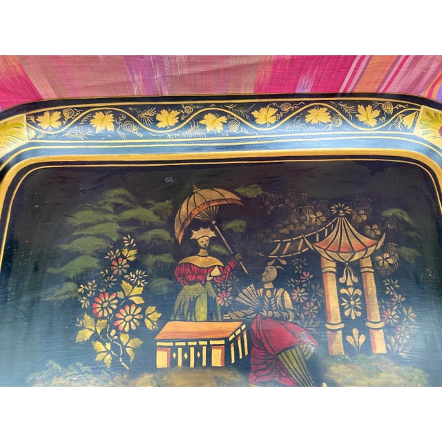 Chinoiserie Antique Hand Stenciled and Painted Tole Tray For Sale - Image 3 of 7