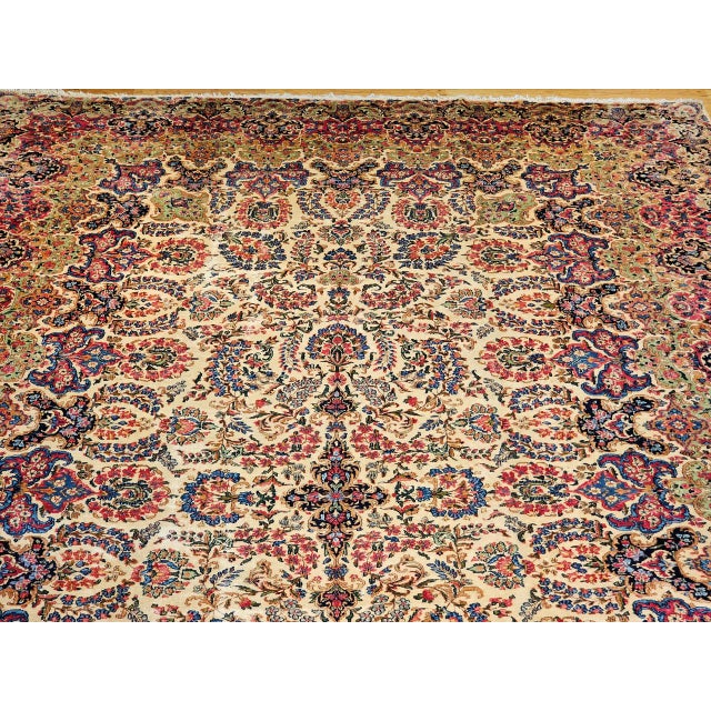 Textile Vintage Oversized Persian Kerman Rug, Hand-Knotted Wool, Allover Floral Pattern, Ivory & Red, 11’ X 18’ For Sale - Image 7 of 14