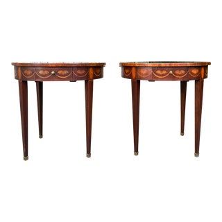 Late 20th Century Baker Mahogany and Satinwood Occasional Round Tables - a Pair For Sale