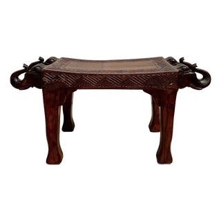 Vintage Indian Hand-Carved Solid Wood Elephant Bench For Sale